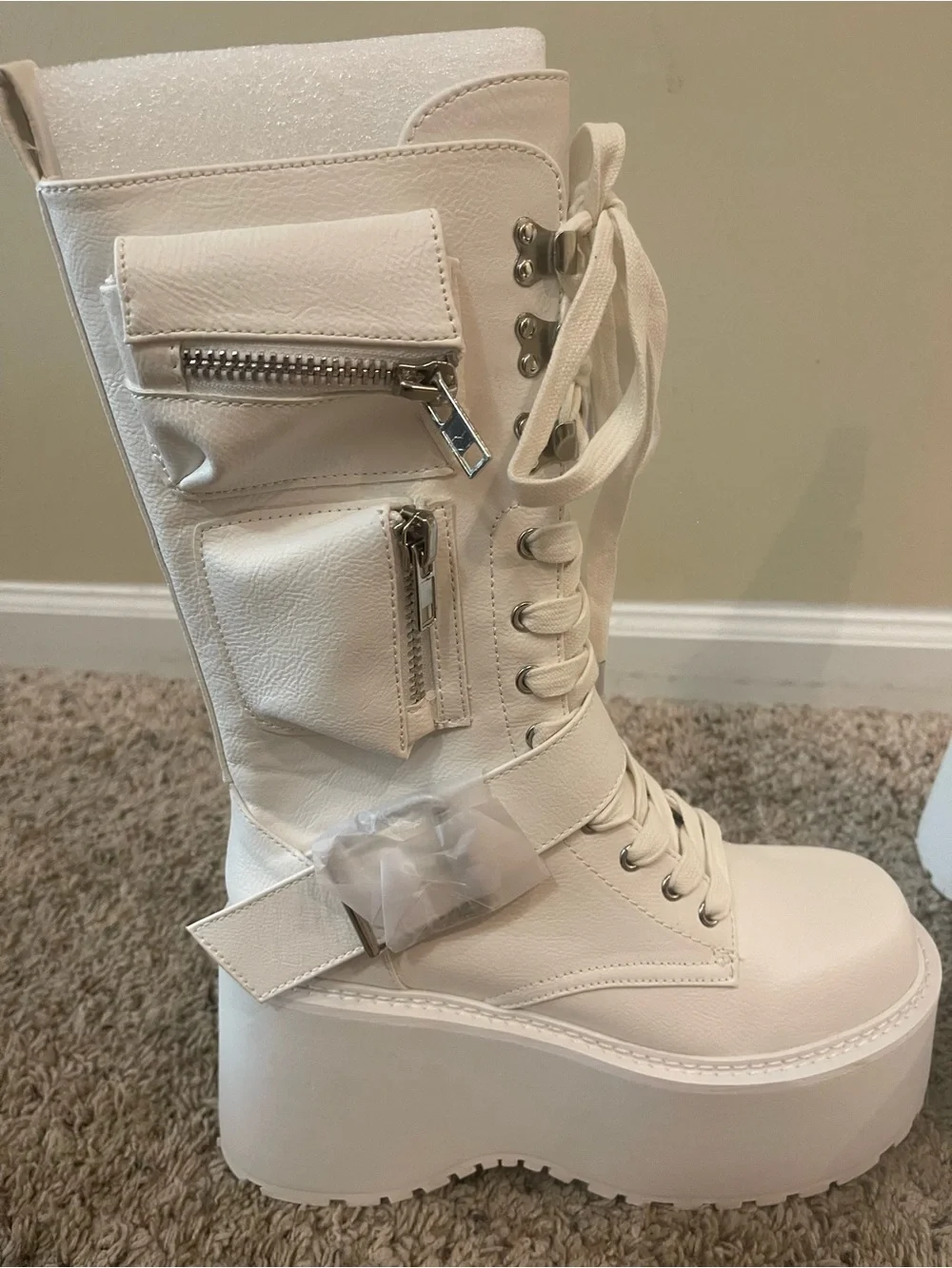 White Platform Lace-Up Zip Combat Boots with Buckle Strap